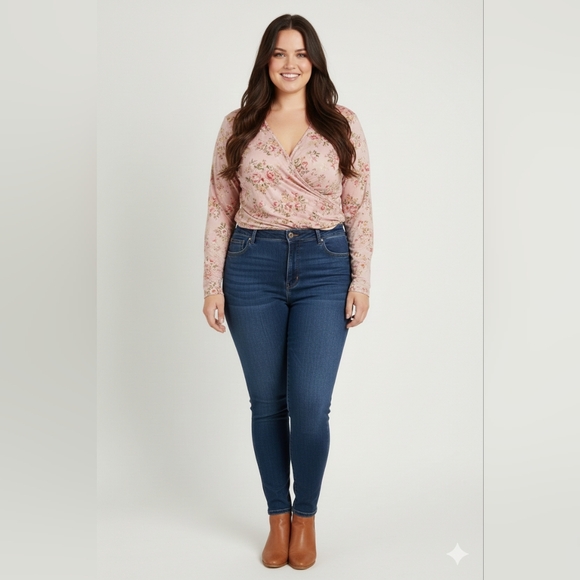 Doublju Women's Pink NWT High-Low Long Sleeve Floral V-Neck Top Size Large - Picture 4 of 11